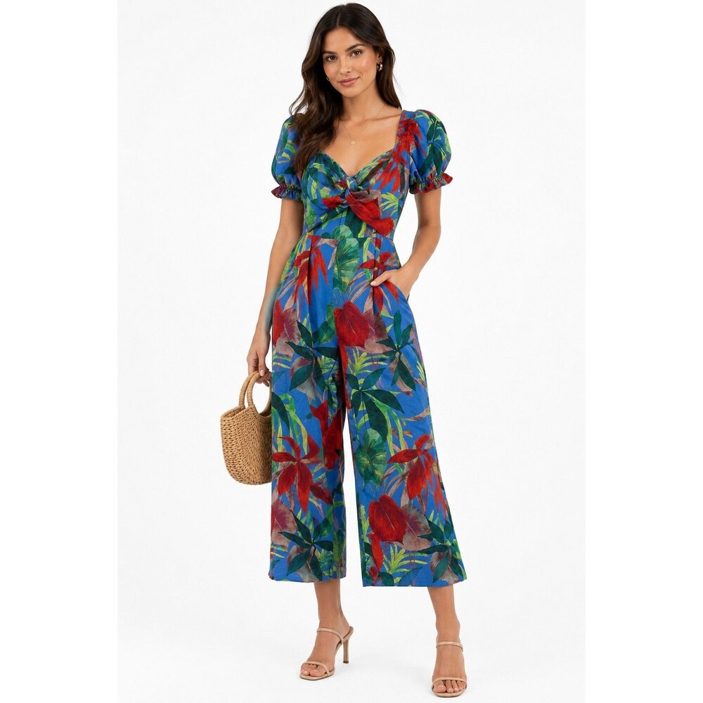 Zara M Tropical Floral Print Puff Sleeve Crop Jumpsuit Blue Red Hawaiian